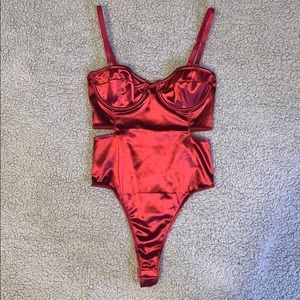 SOLD...NWOT Maroon Satin Cut Out Bustier Bodysuit